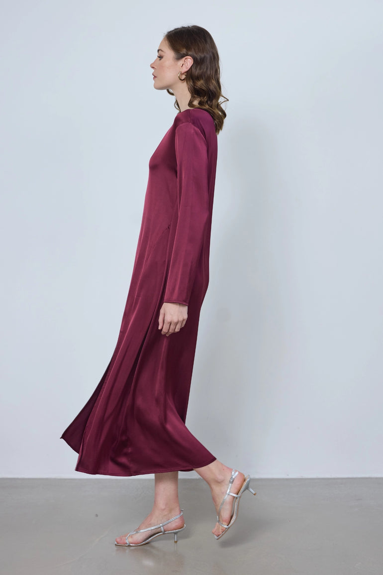 Robe midi en satin col rond manches longues femme - photo 2 - Love at Me