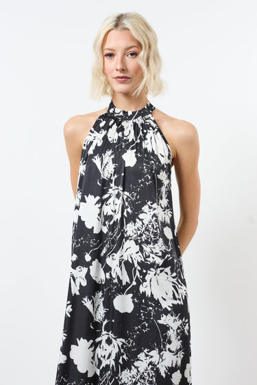 Lange mouwloze satijnen printjurk