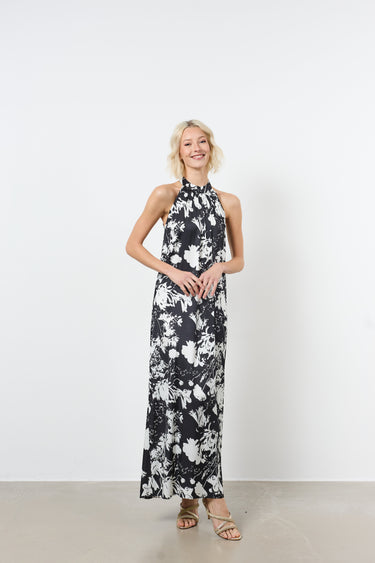 Lange mouwloze satijnen printjurk