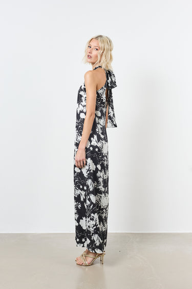 Lange mouwloze satijnen printjurk